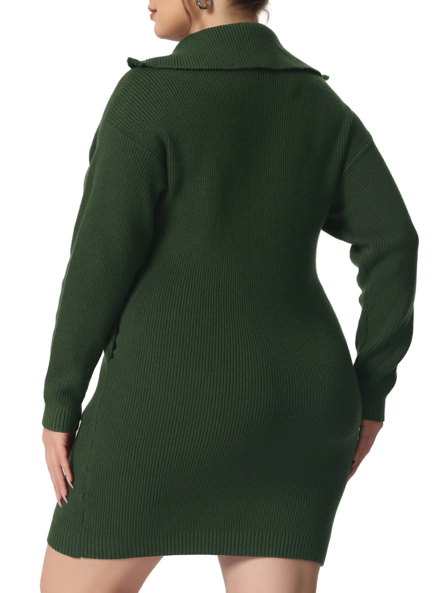 Women's Plus Size Casual Zip Up Long Sleeve Knit Sweater Dress Foldover Collar Loose Pullover Jumper Sweater