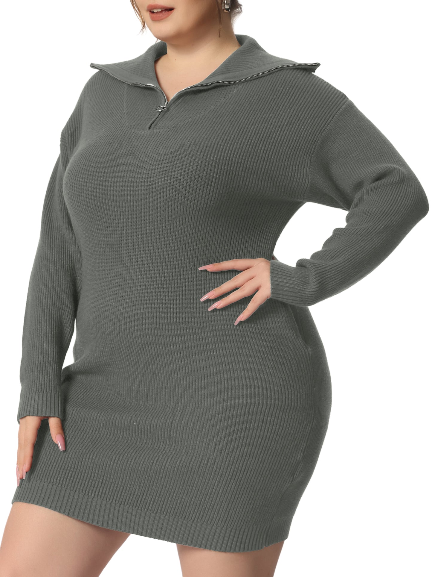 Women's Plus Size Casual Zip Up Long Sleeve Knit Sweater Dress Foldover Collar Loose Pullover Jumper Sweater