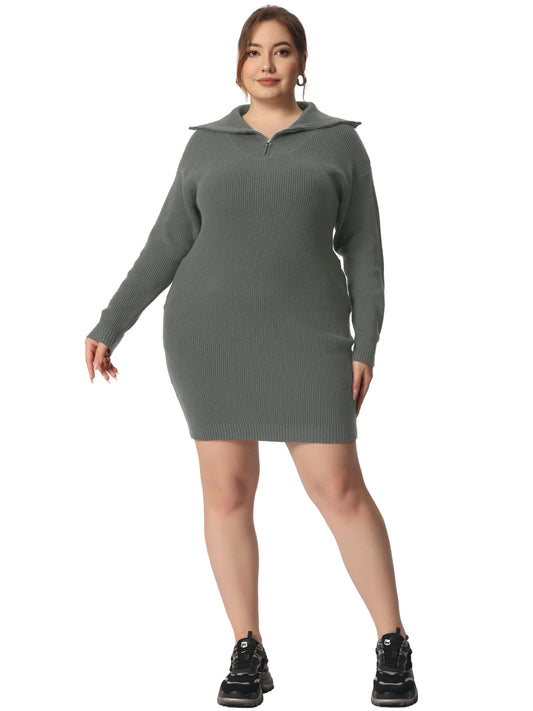 Women's Plus Size Casual Zip Up Long Sleeve Knit Sweater Dress Foldover Collar Loose Pullover Jumper Sweater