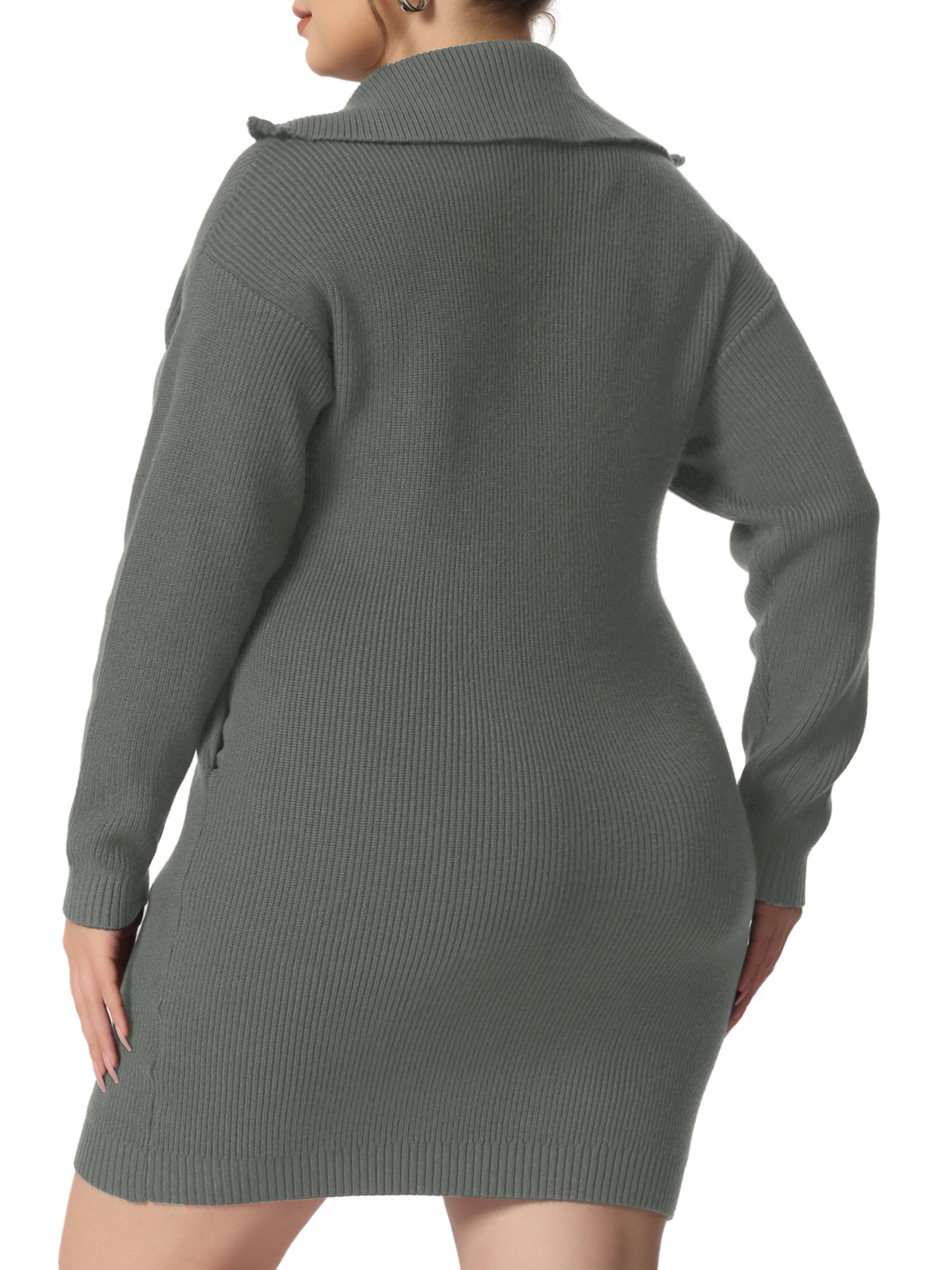 Women's Plus Size Casual Zip Up Long Sleeve Knit Sweater Dress Foldover Collar Loose Pullover Jumper Sweater