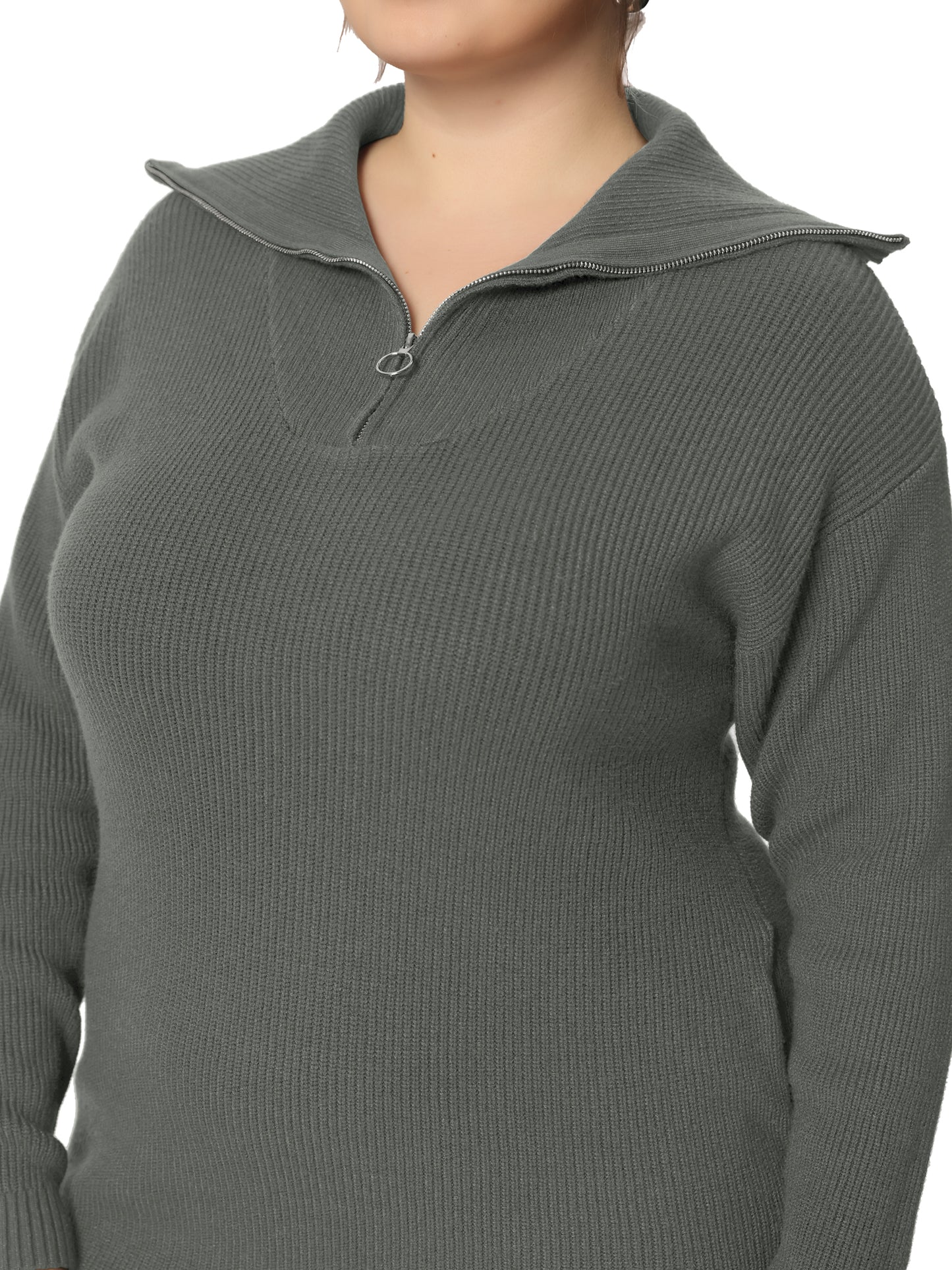 Women's Plus Size Casual Zip Up Long Sleeve Knit Sweater Dress Foldover Collar Loose Pullover Jumper Sweater