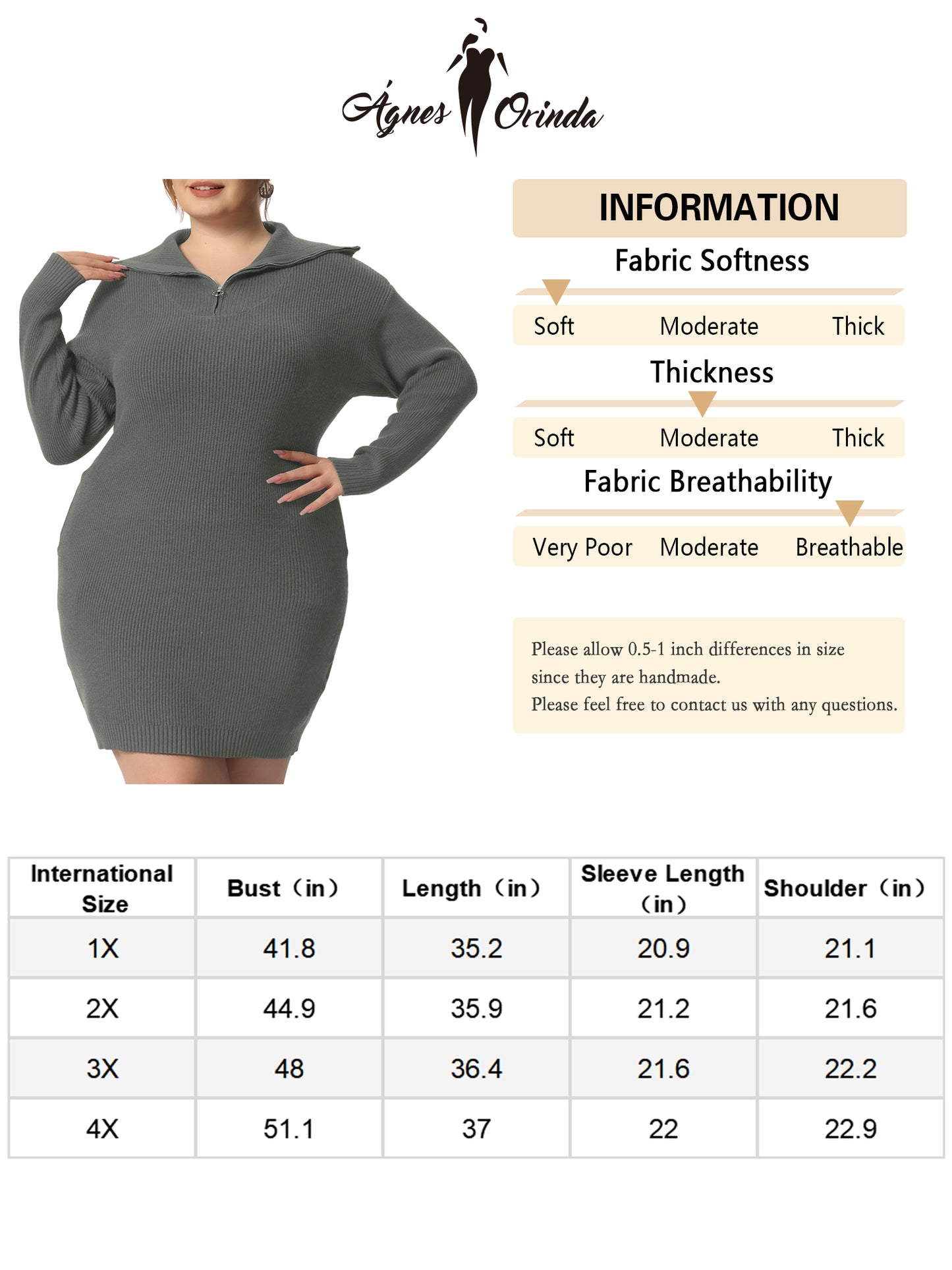Women's Plus Size Casual Zip Up Long Sleeve Knit Sweater Dress Foldover Collar Loose Pullover Jumper Sweater