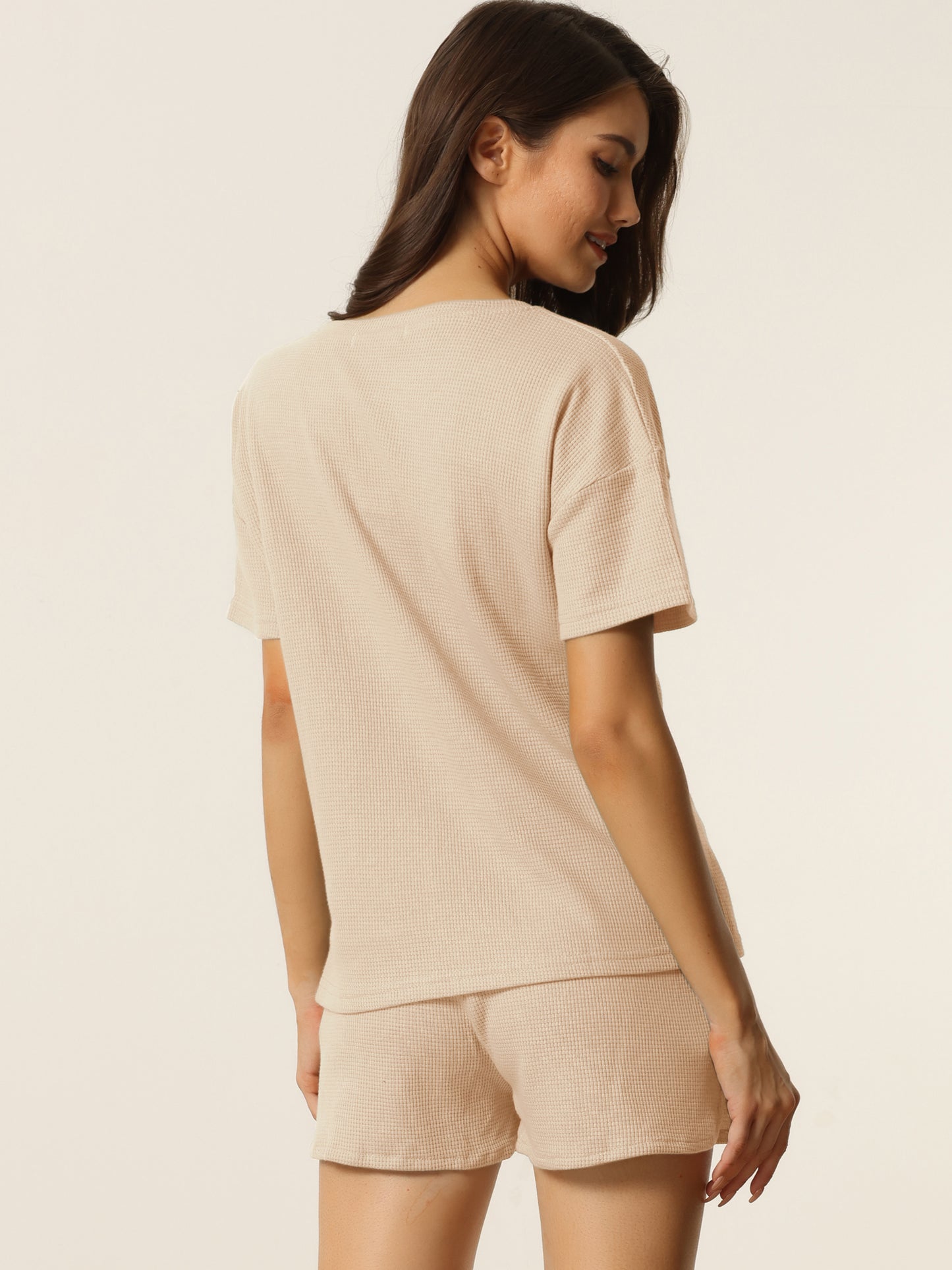 Conjunto de ropa de estar para mujer con bolsillos, conjunto de camiseta y pantalones cortos tipo gofre, chándal de estar por casa