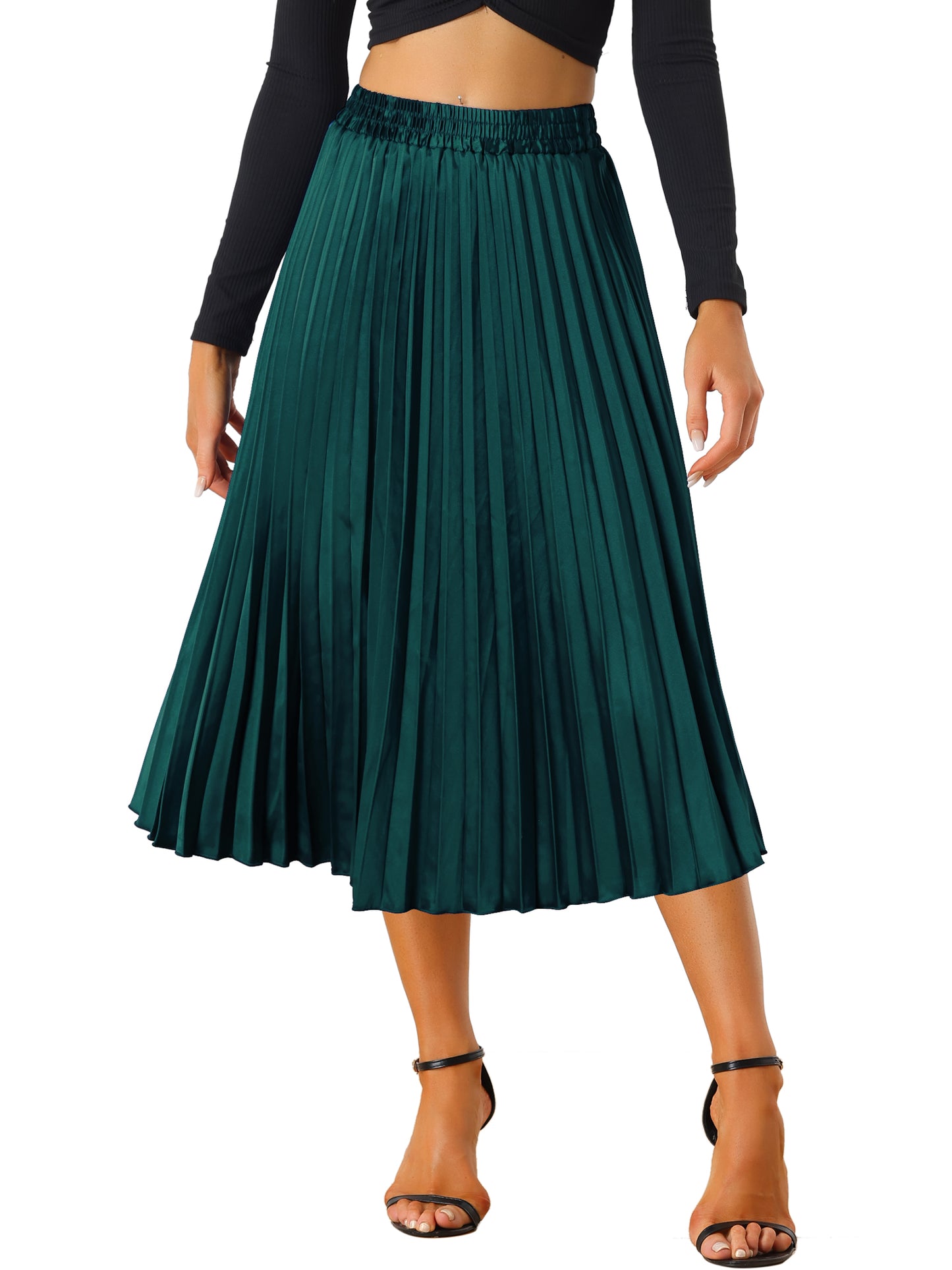 Women's Pleated Elastic Waist Metallic Shiny Accordion Elegant Midi Skirt (Available in Plus Size)