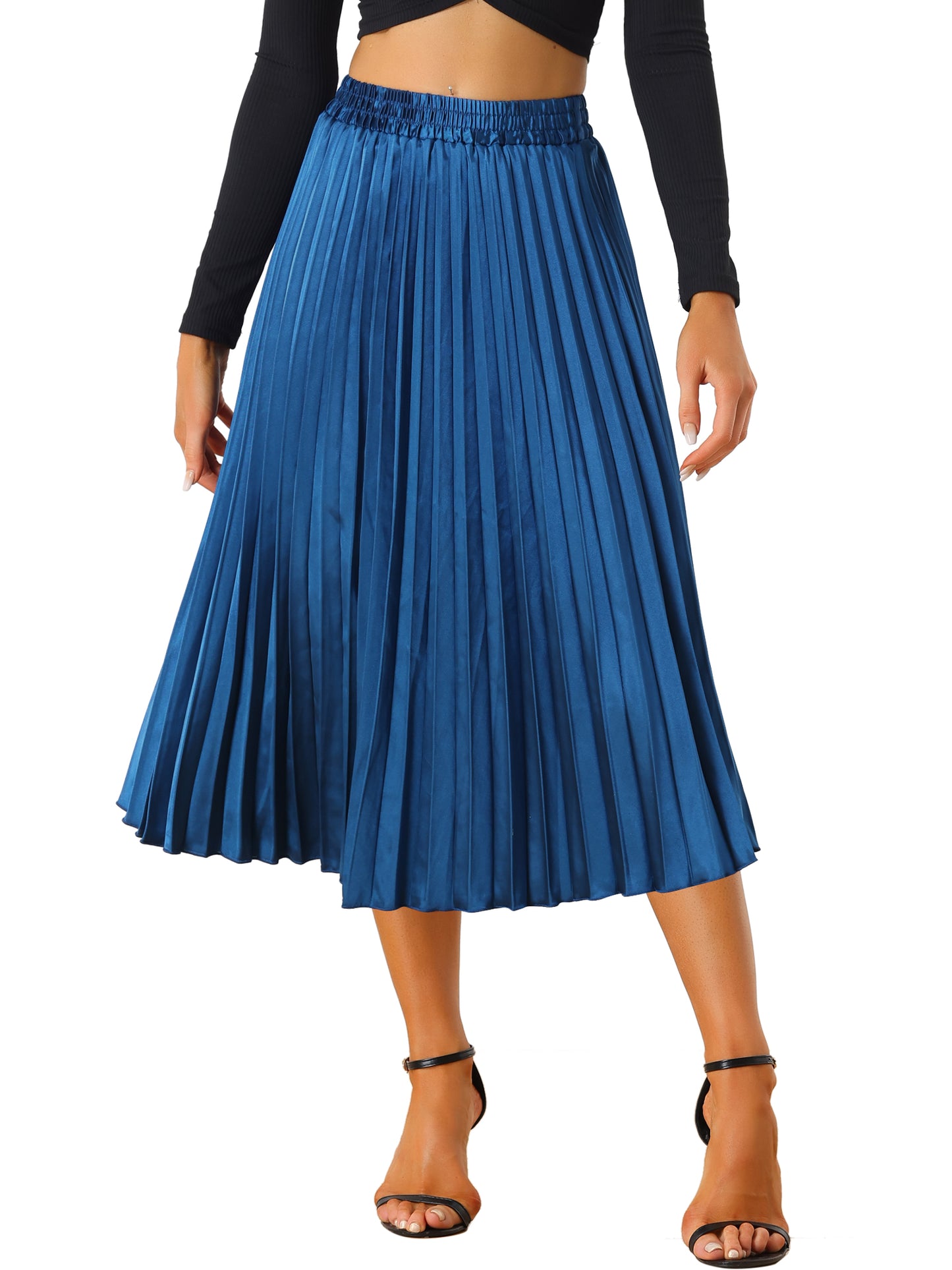 Women's Pleated Elastic Waist Metallic Shiny Accordion Elegant Midi Skirt (Available in Plus Size)
