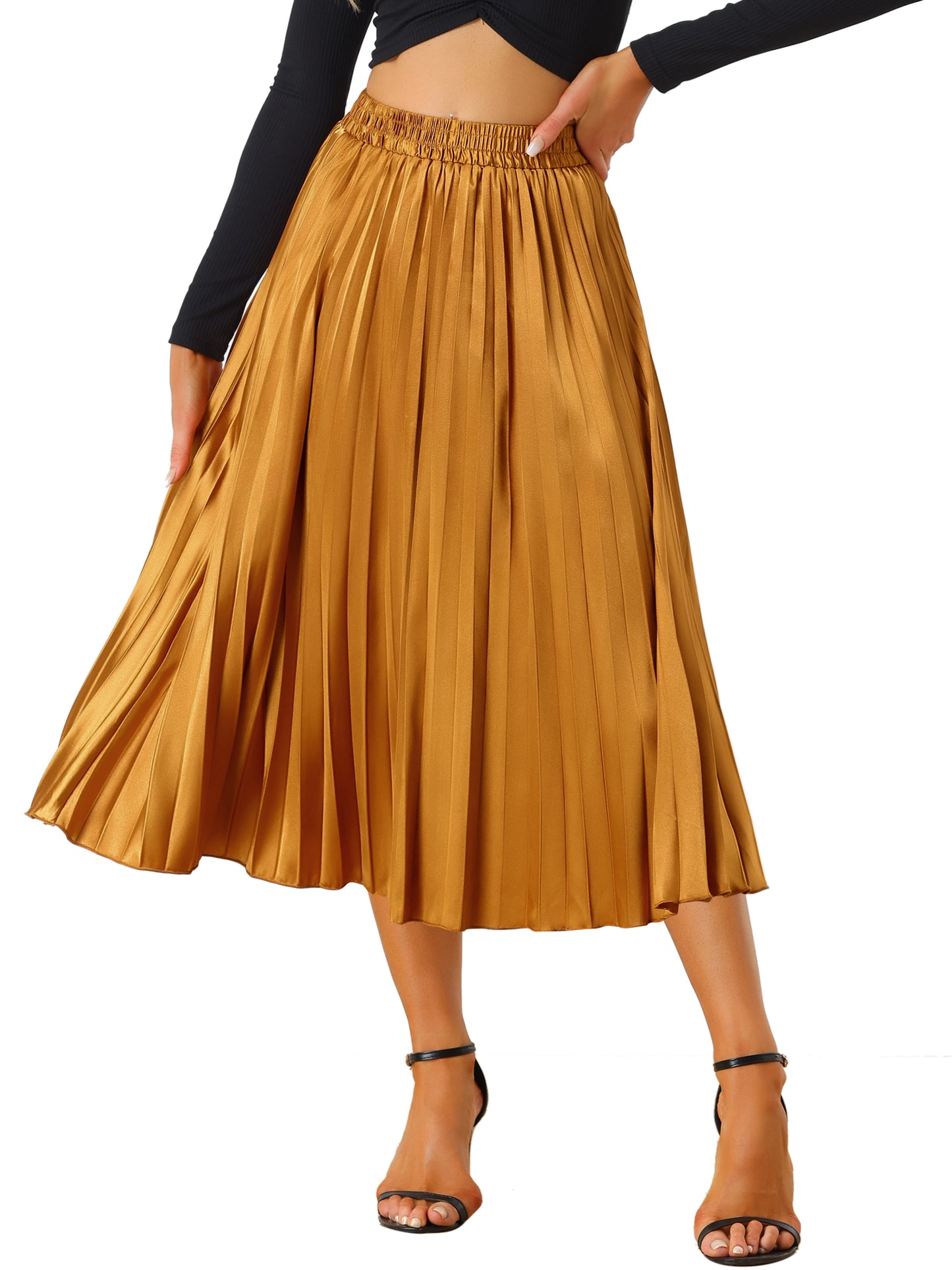 Women's Pleated Elastic Waist Metallic Shiny Accordion Elegant Midi Skirt (Available in Plus Size)