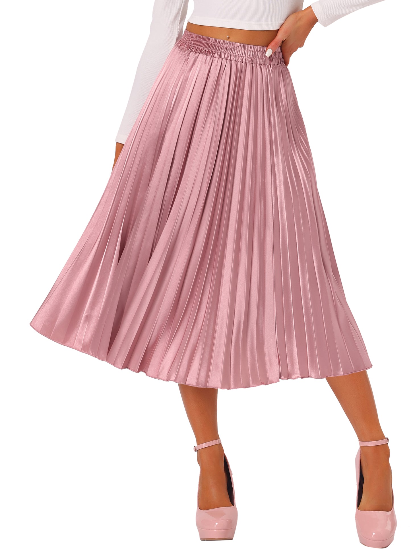 Women's Pleated Elastic Waist Metallic Shiny Accordion Elegant Midi Skirt (Available in Plus Size)