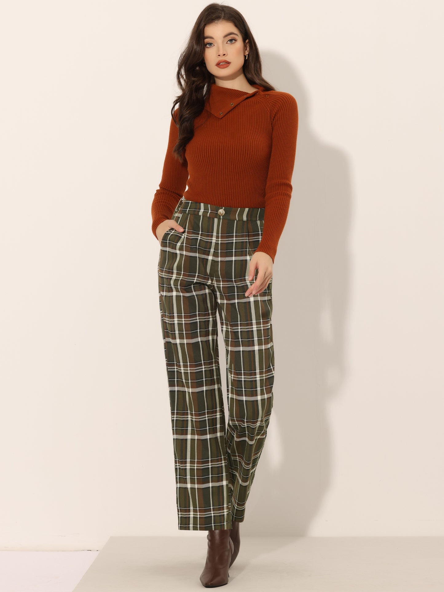 Pantalones a cuadros para mujer, cintura elástica, informales, para trabajo y oficina