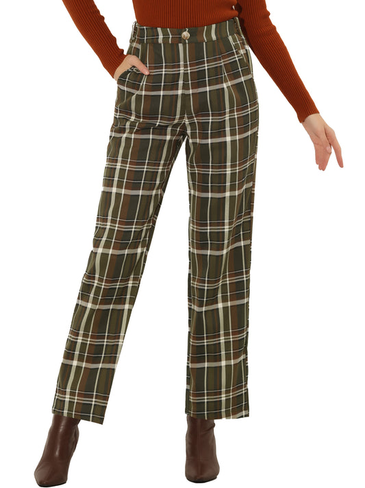 Women's Plaid Pants Elastic Waist Casual Work Office Long Trousers
