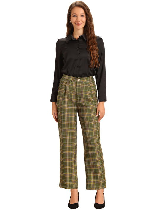 Women's Plaid Pants Elastic Waist Casual Work Office Long Trousers