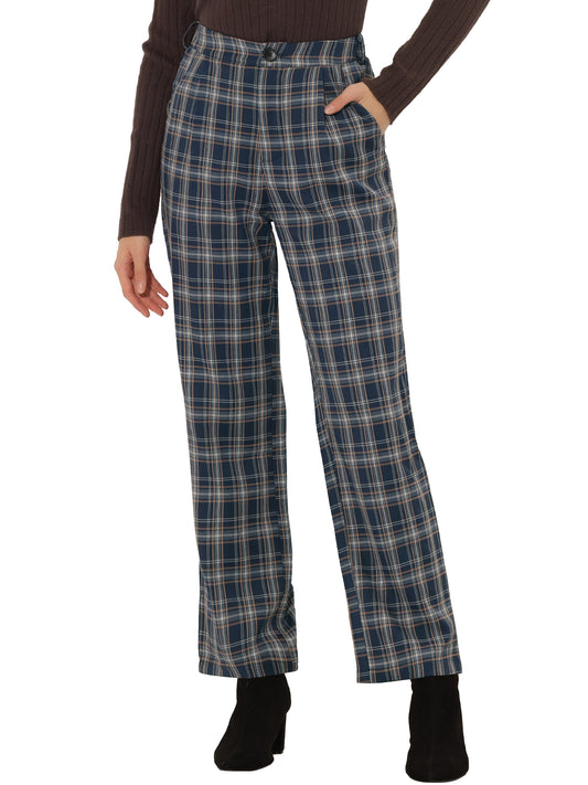 Women's Plaid Pants Elastic Waist Casual Work Office Long Trousers