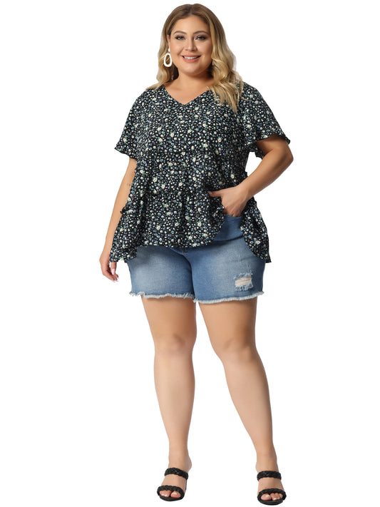 Women's Plus Size Blouse Summer Tops V Neck Short Sleeve Boho Floral Babydolls Blouse