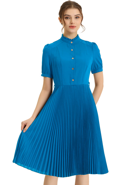 Women's Summer Elegant Short Sleeve Ruffle Stand Neck Belted Waist Pleated A Line Midi Dress
