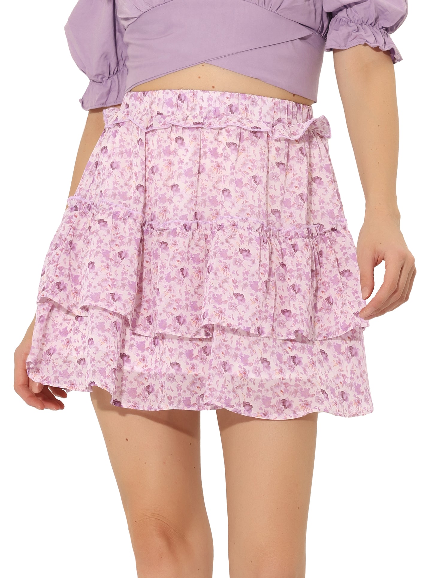 Minifalda skater floral con cintura elástica y dobladillo con volantes en capas para mujer