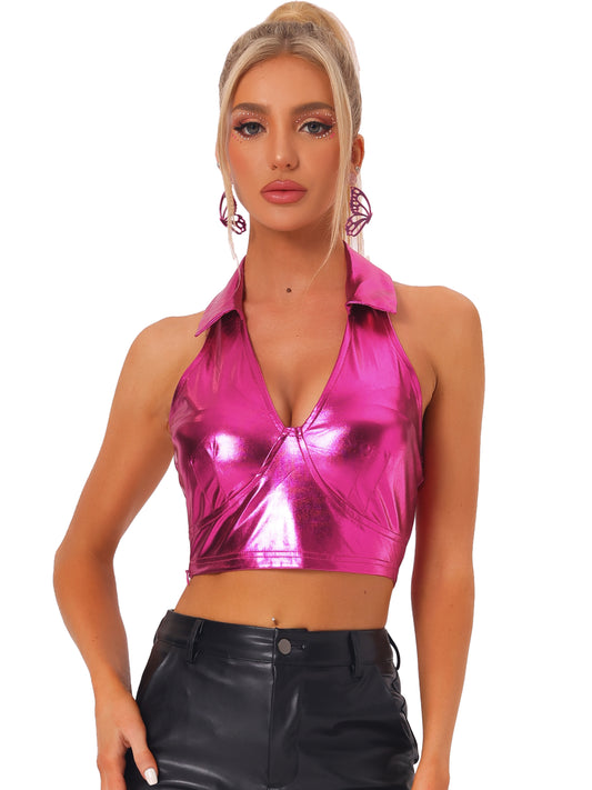 Women's Metallic Crop Top Clubwear Party Halter Rave Chrome Shirt Halter Neck Holographic Top