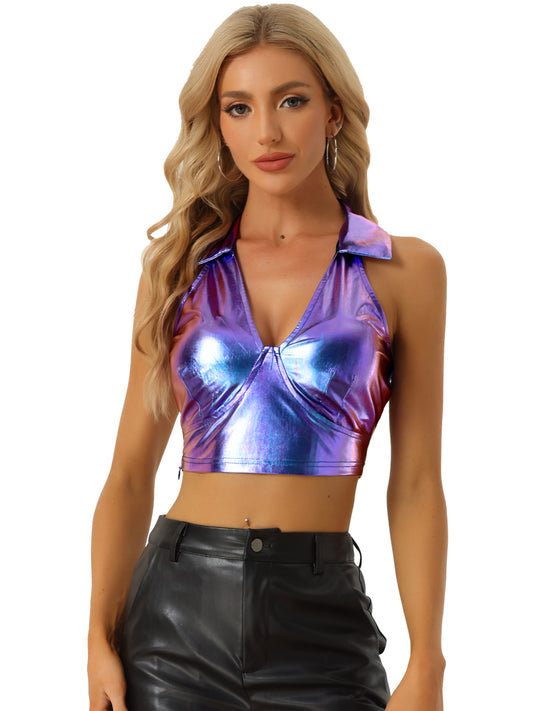 Women's Metallic Crop Top Clubwear Party Halter Rave Chrome Shirt Halter Neck Holographic Top
