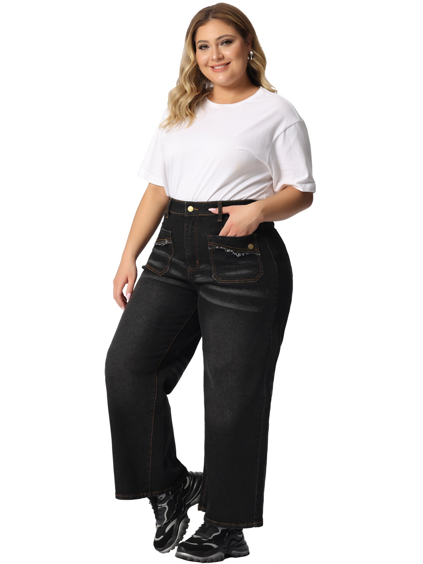 Women Plus Size Jeans Wide Leg Washed Stretch With Pockets Palazzo Denim Jeans