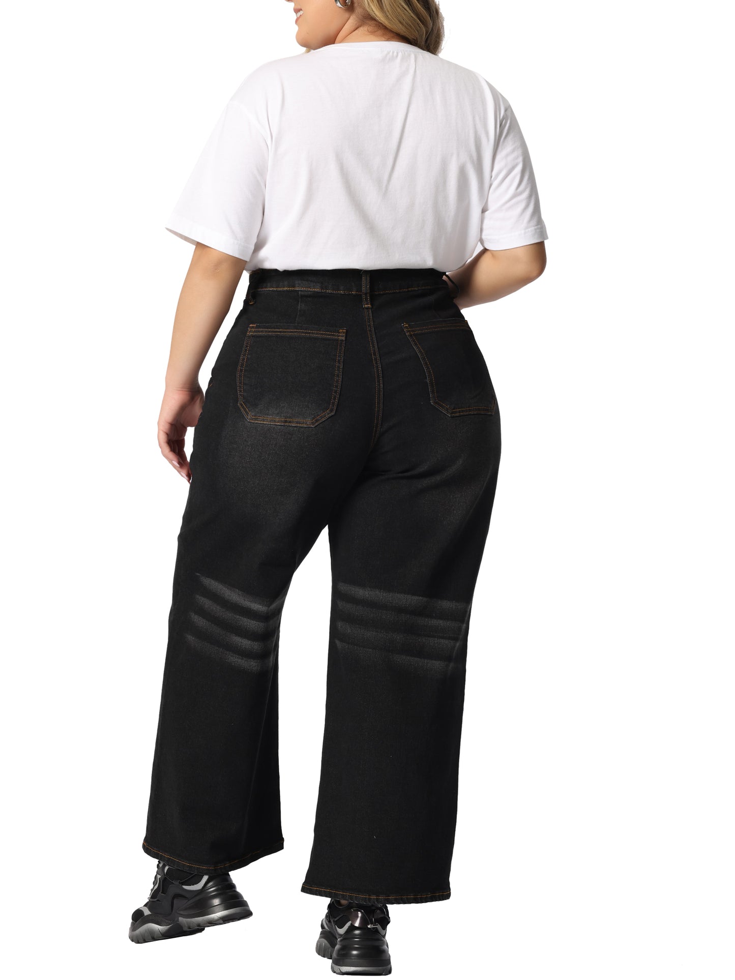 Women Plus Size Jeans Wide Leg Washed Stretch With Pockets Palazzo Denim Jeans