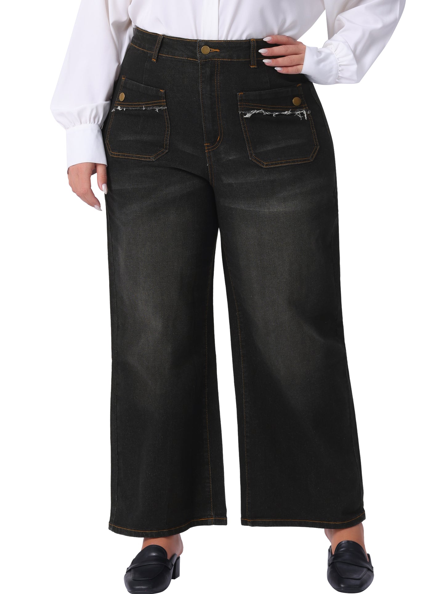 Women Plus Size Jeans Wide Leg Washed Stretch With Pockets Palazzo Denim Jeans