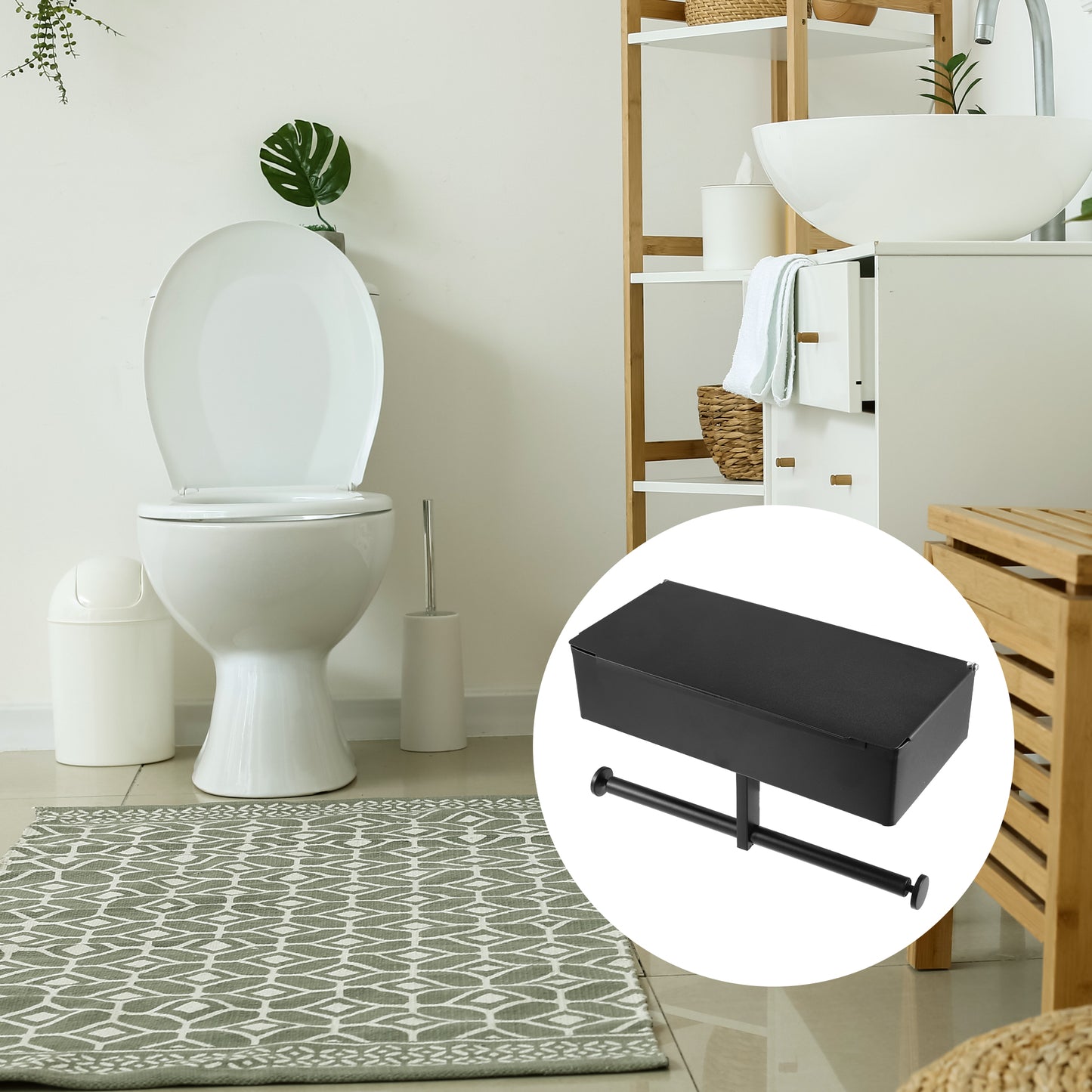 Portarrollos de papel higiénico de pared para baño, 27,5 x 13,5 x 6,5 cm, color negro