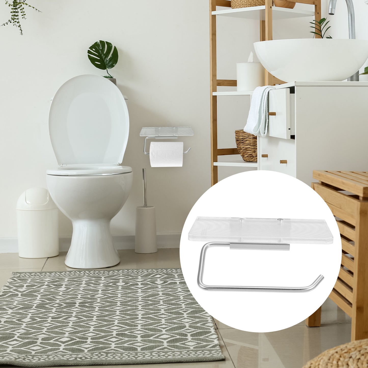 Soporte para papel higiénico de baño, soporte para teléfono, tono plateado transparente