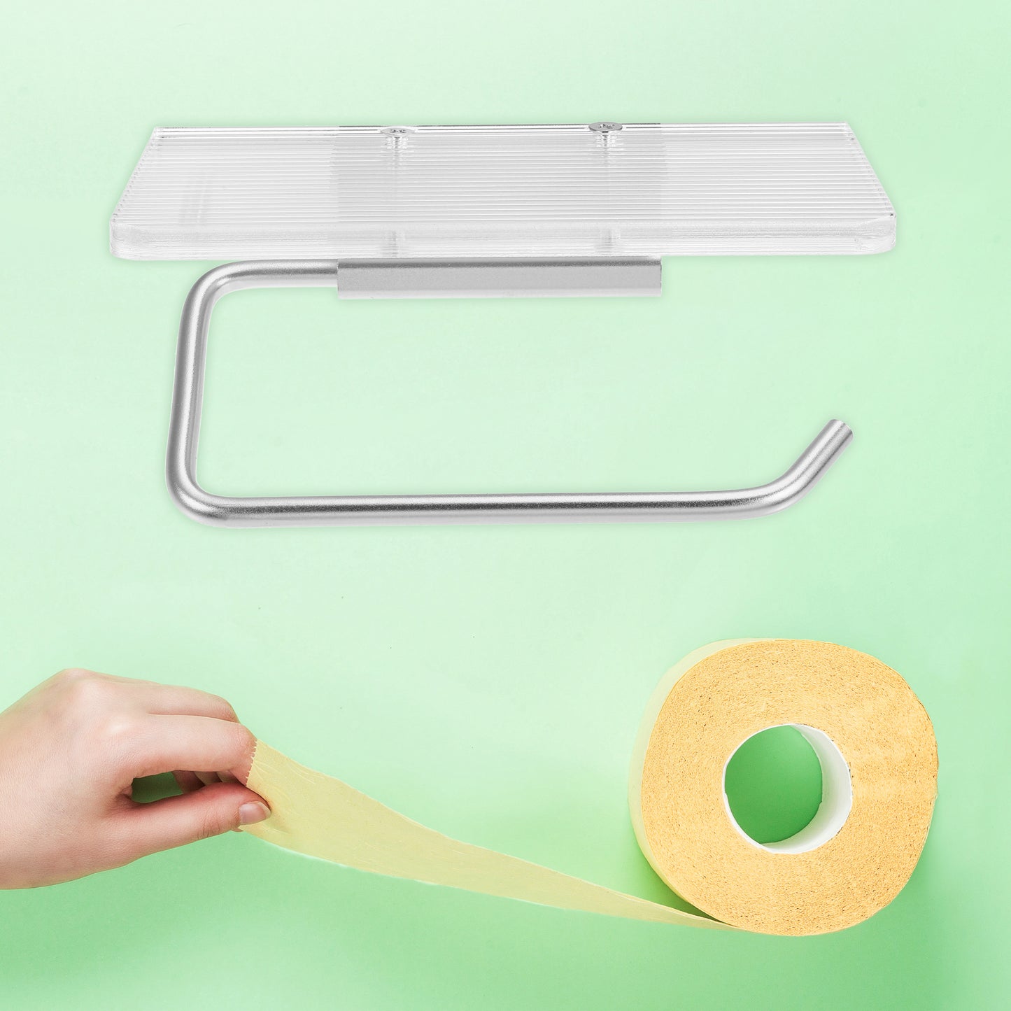 Soporte para papel higiénico de baño, soporte para teléfono, tono plateado transparente