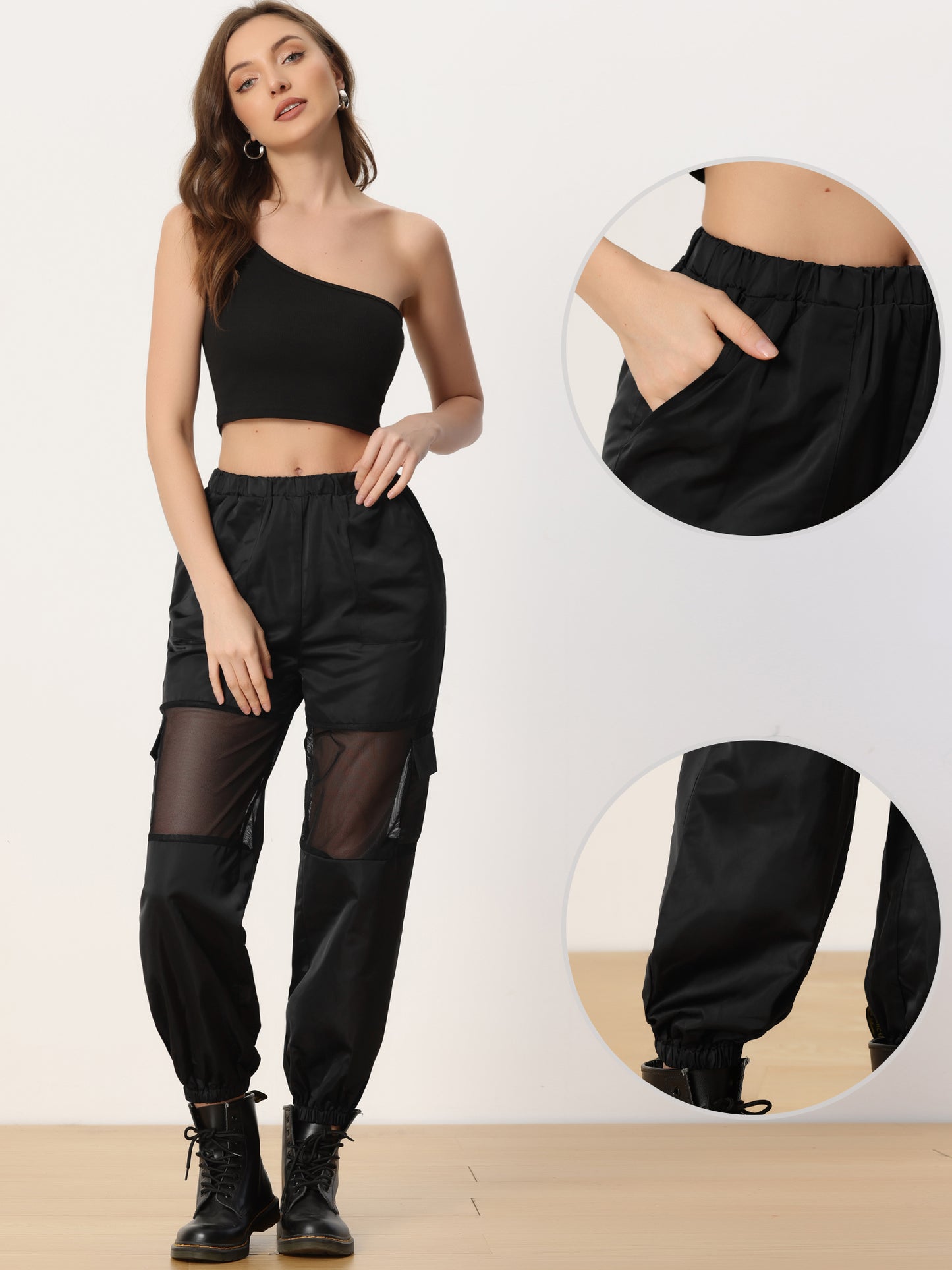 Women's Cargo Pant High Waist Sports Elastic Mesh Panel Sheer Baggy Pants