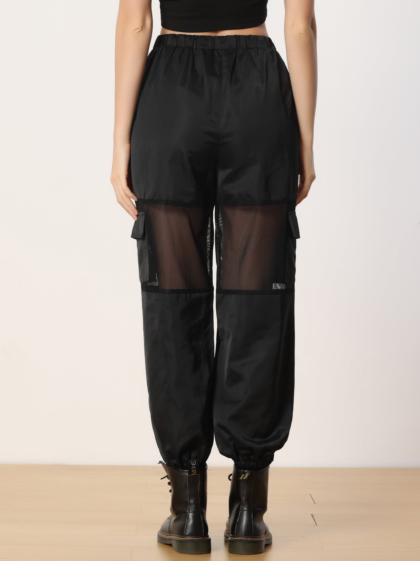 Women's Cargo Pant High Waist Sports Elastic Mesh Panel Sheer Baggy Pants