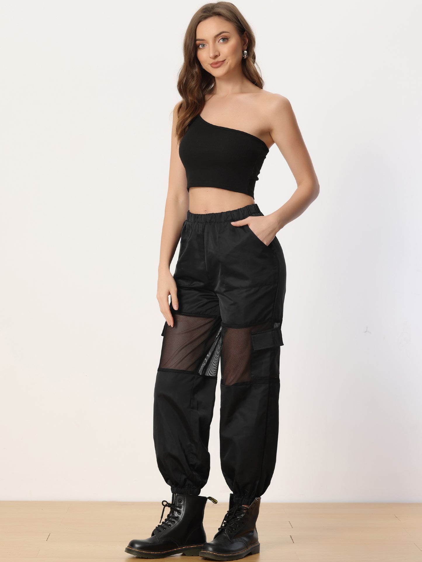 Women's Cargo Pant High Waist Sports Elastic Mesh Panel Sheer Baggy Pants