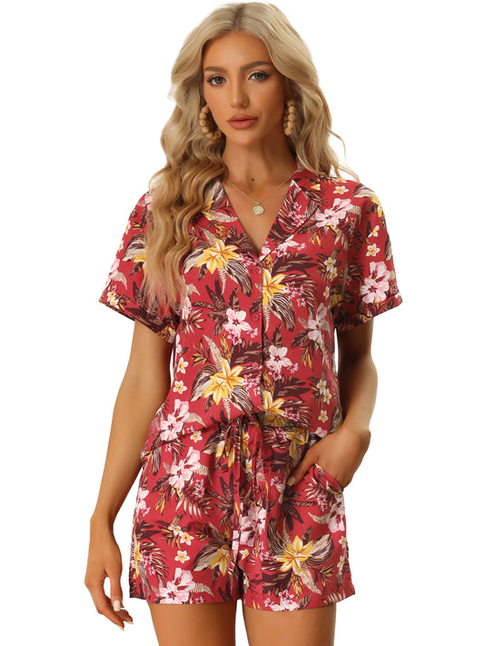 Women Hawaiian Set 2 Pieces Floral Button Down Shirt and Shorts Tropical Vacation Beach Casual