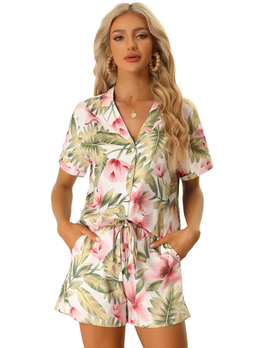 Women Hawaiian Set 2 Pieces Floral Button Down Shirt and Shorts Tropical Vacation Beach Casual