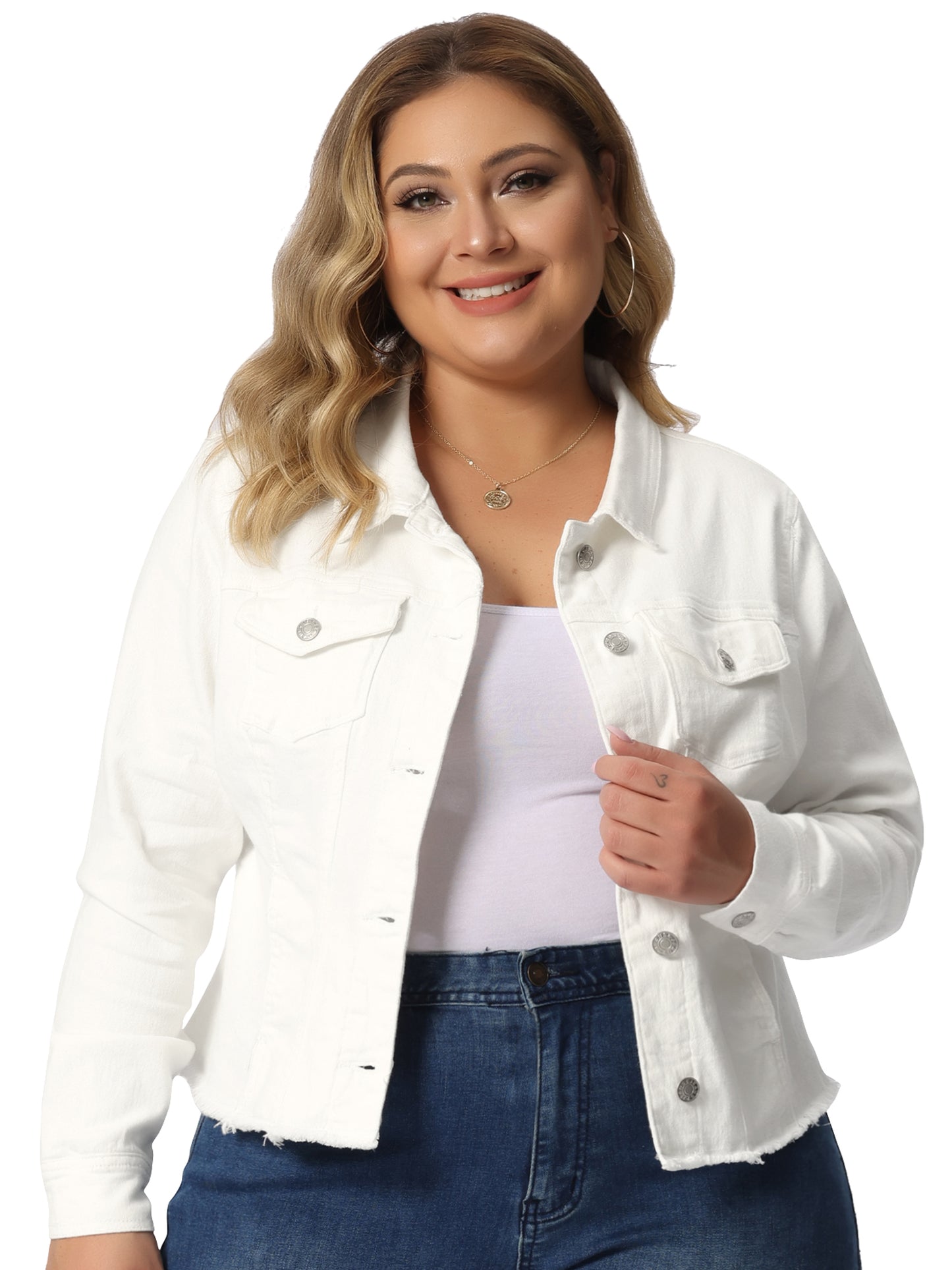 Agnes Orinda Plus Size Classic Washed Front Frayed Denim Jacket White