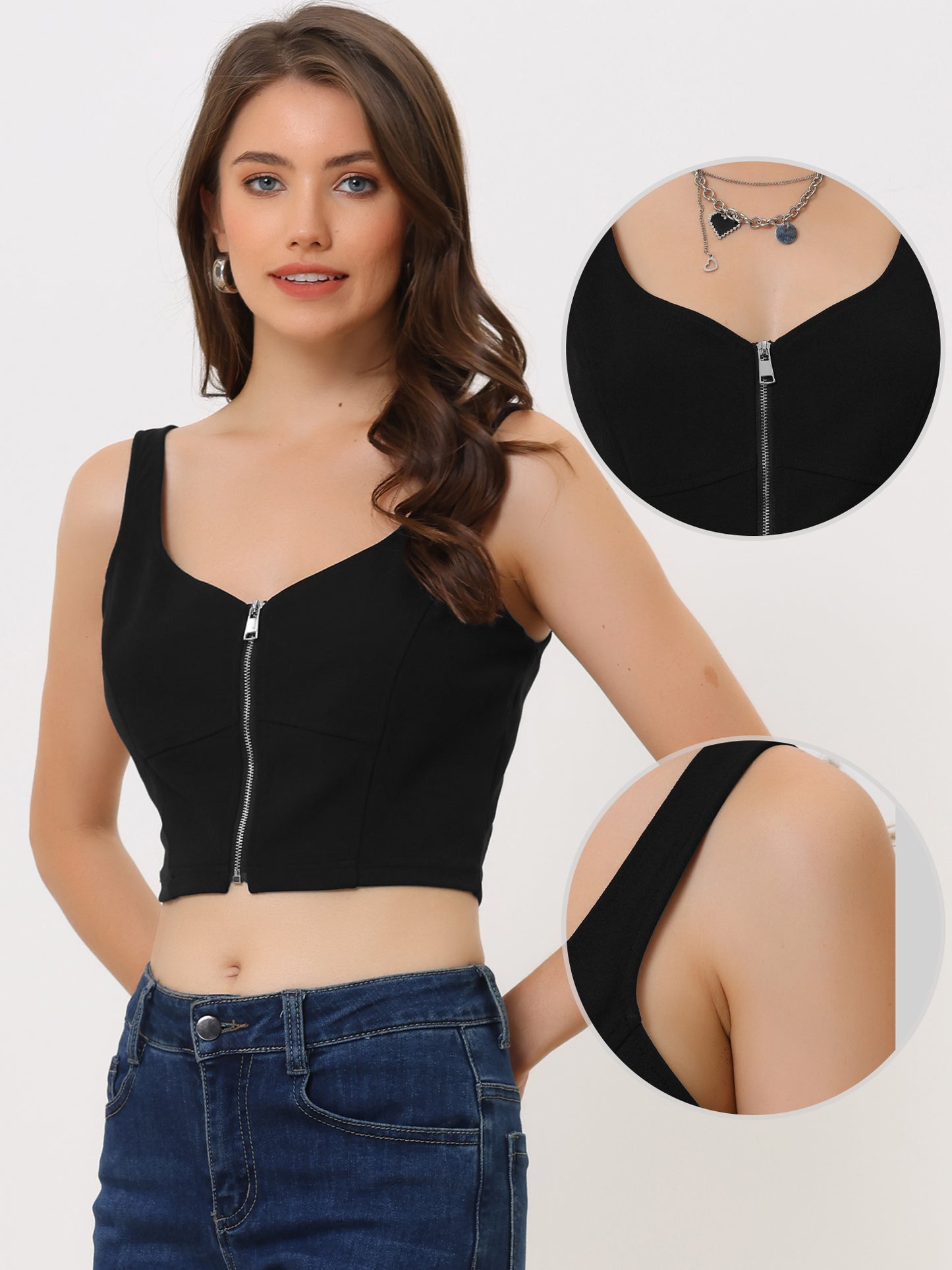 Top corto sexy sin mangas con cremallera y tirantes sólidos para mujer