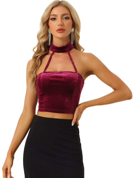 Women's Gothic Velvet Halter Cold Shoulder Camis Party Tanks Punk Sleeveless Crop Top
