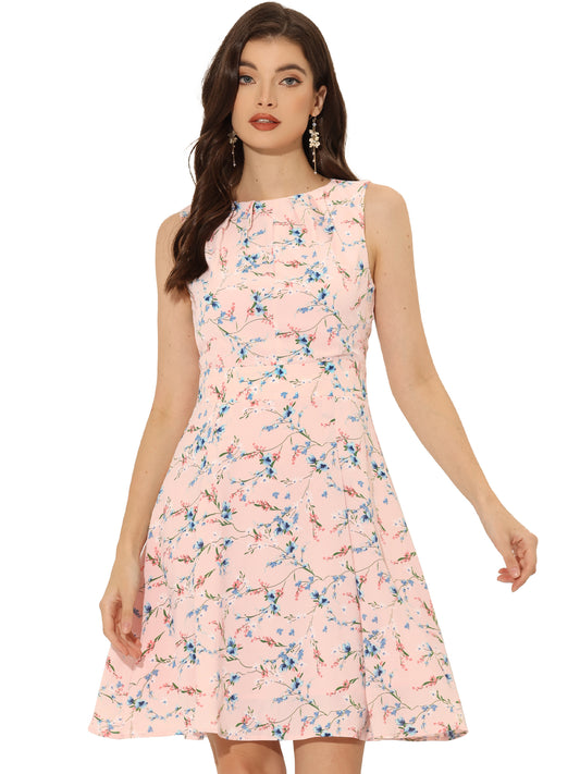 Women's Floral Print Round Neck High Waist Elegant Sleeveless A-Line Short Dress