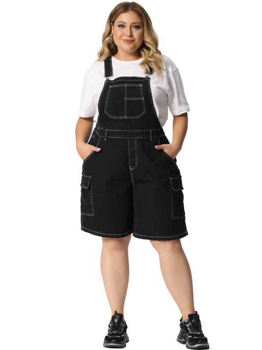 Women Plus Size Overall Shorts Jumpsuit Adjustable Strap Bib Cargo Pocket Jean Denim Overalls