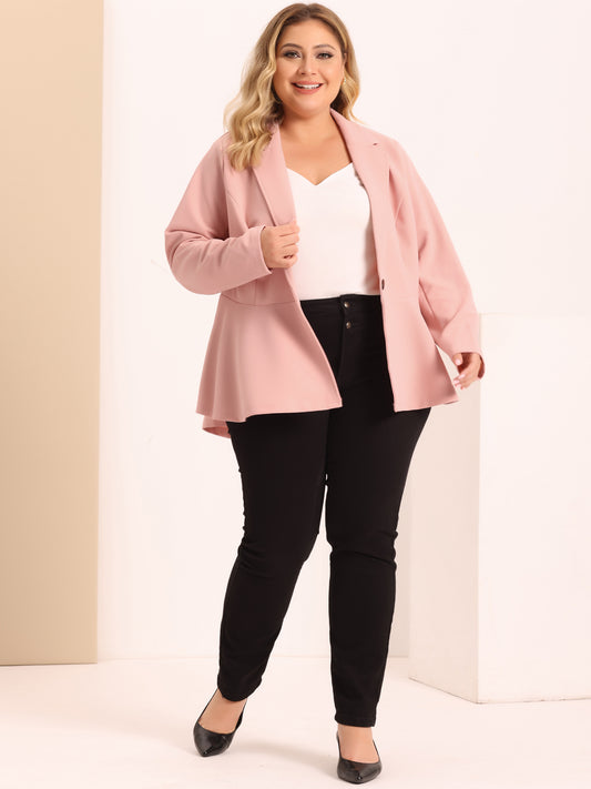 Blazer de talla grande para mujer, con volantes, cuello en V, manga larga, panel con muescas, botones, peplum, para oficina y trabajo