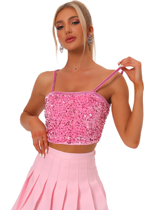 Top corto de tirantes finos de terciopelo con lentejuelas para mujer para fiesta en club