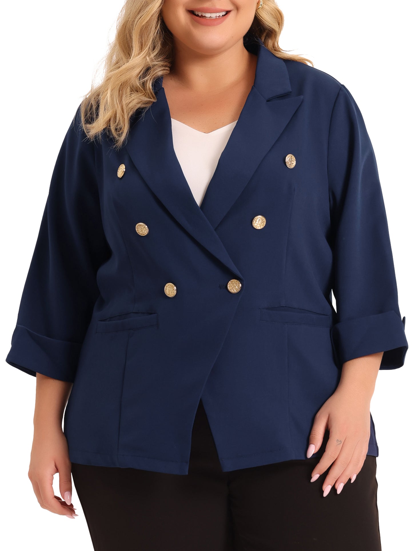 Blazer de traje de negocios para mujer, talla grande, para oficina, con botones, manga 3/4, color negro