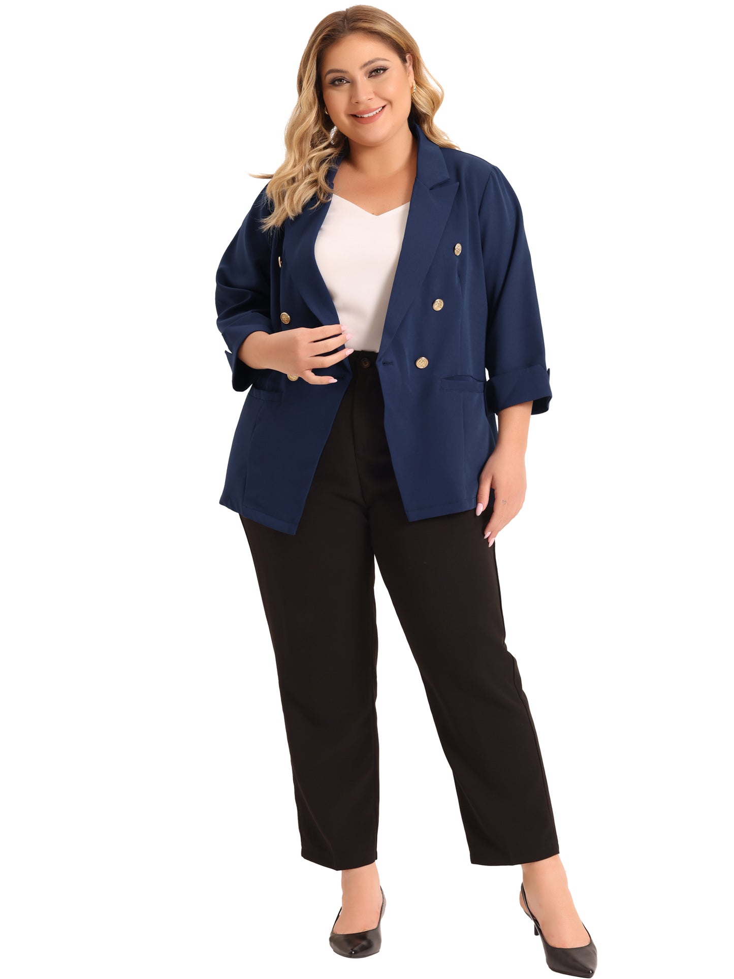 Blazer de traje de negocios para mujer, talla grande, para oficina, con botones, manga 3/4, color negro