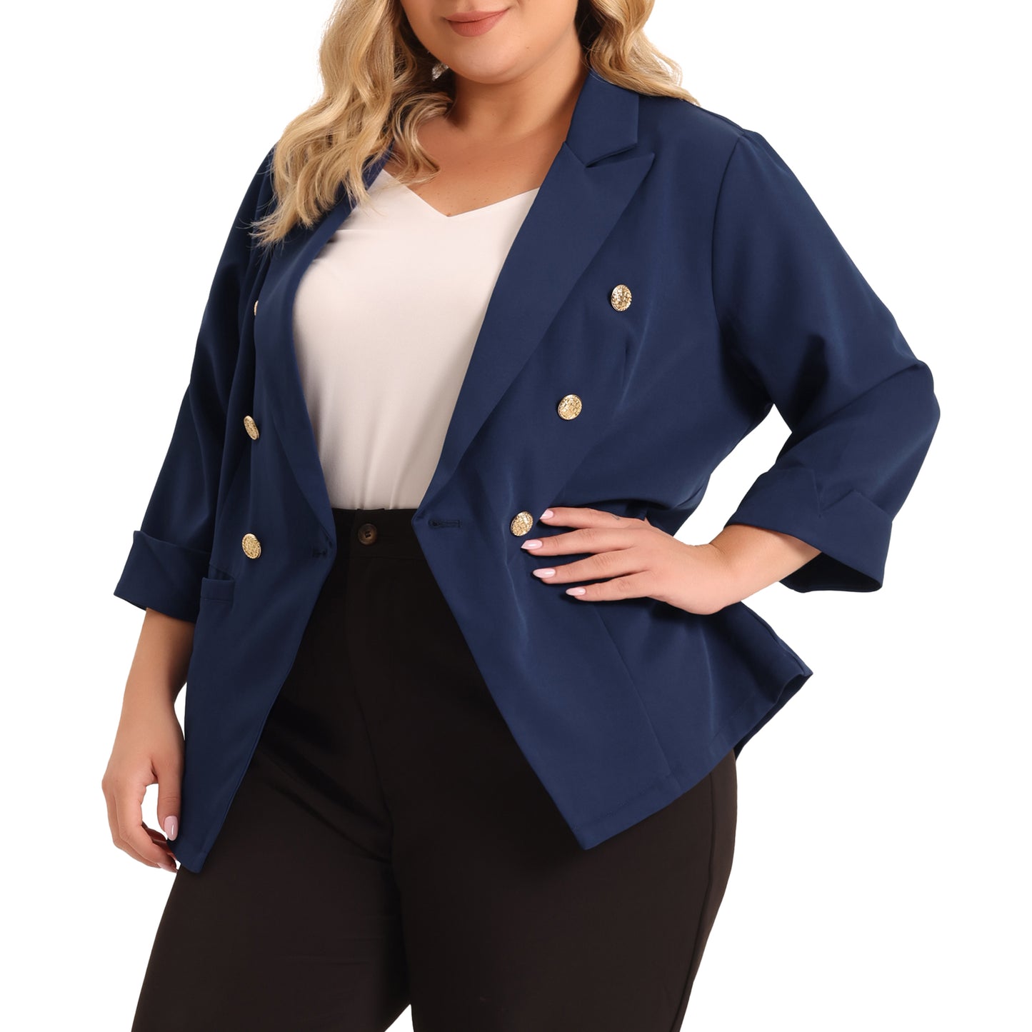 Blazer de traje de negocios para mujer, talla grande, para oficina, con botones, manga 3/4, color negro