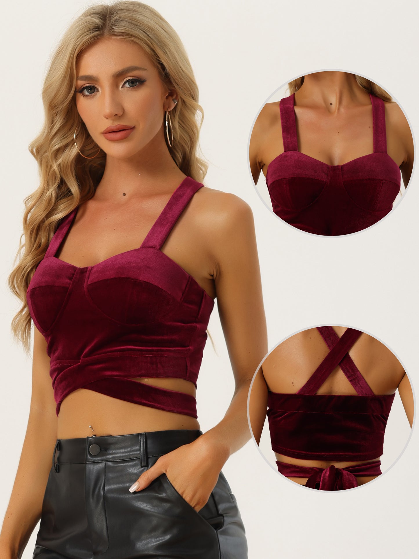 Women's Velvet Cami Tank Tops Sleeveless Spaghetti Strap Deep V Sexy Crop Top