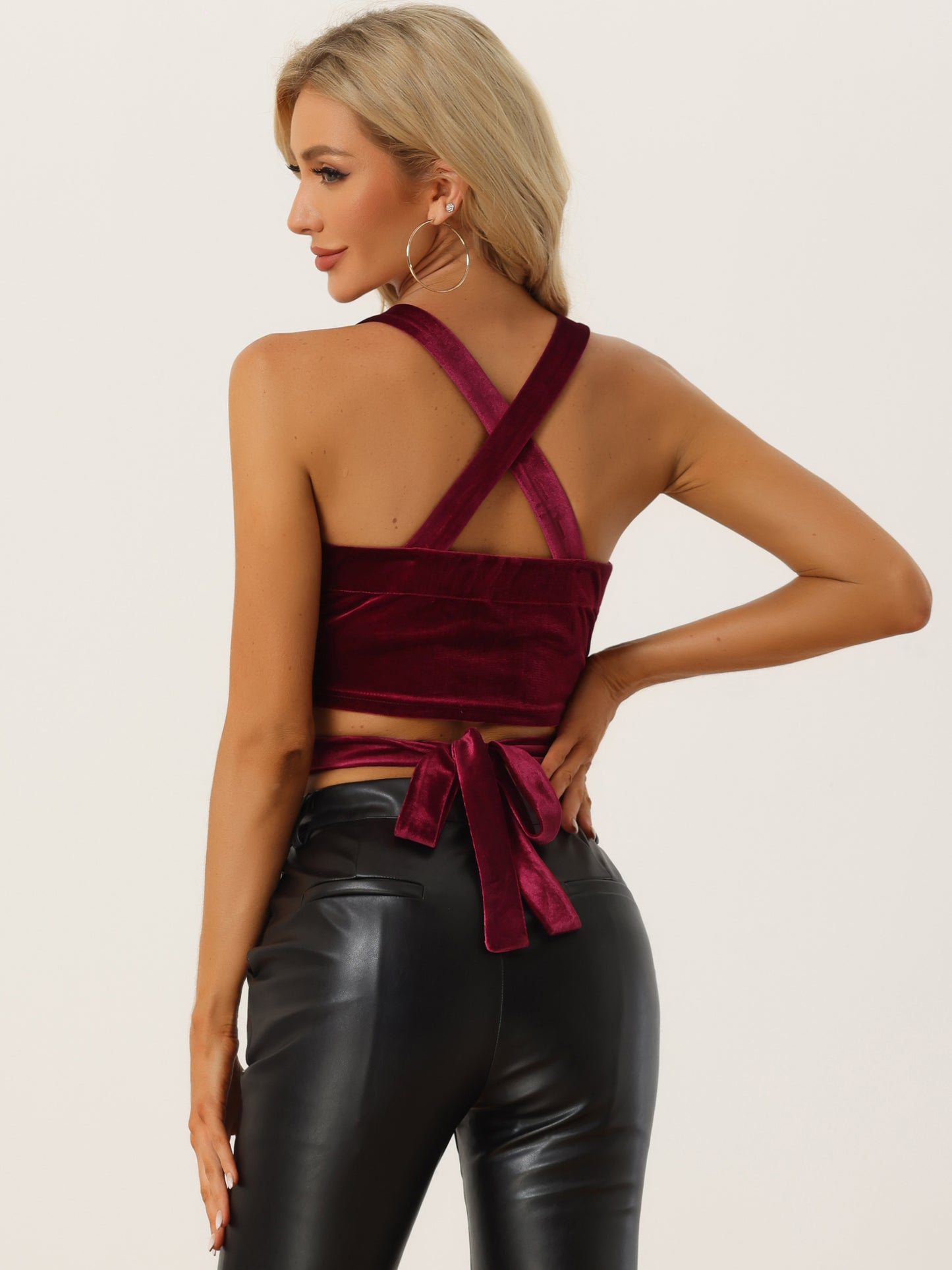 Women's Velvet Cami Tank Tops Sleeveless Spaghetti Strap Deep V Sexy Crop Top