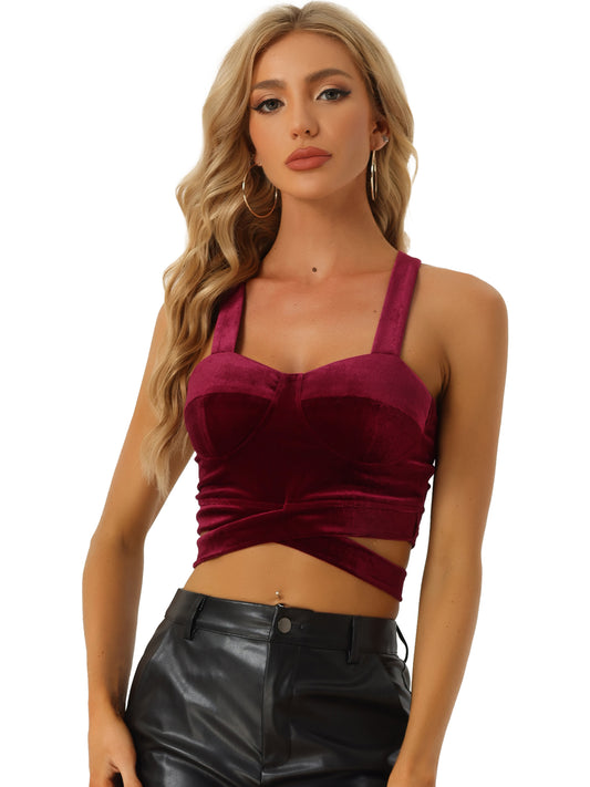 Women's Velvet Cami Tank Tops Sleeveless Spaghetti Strap Deep V Sexy Crop Top