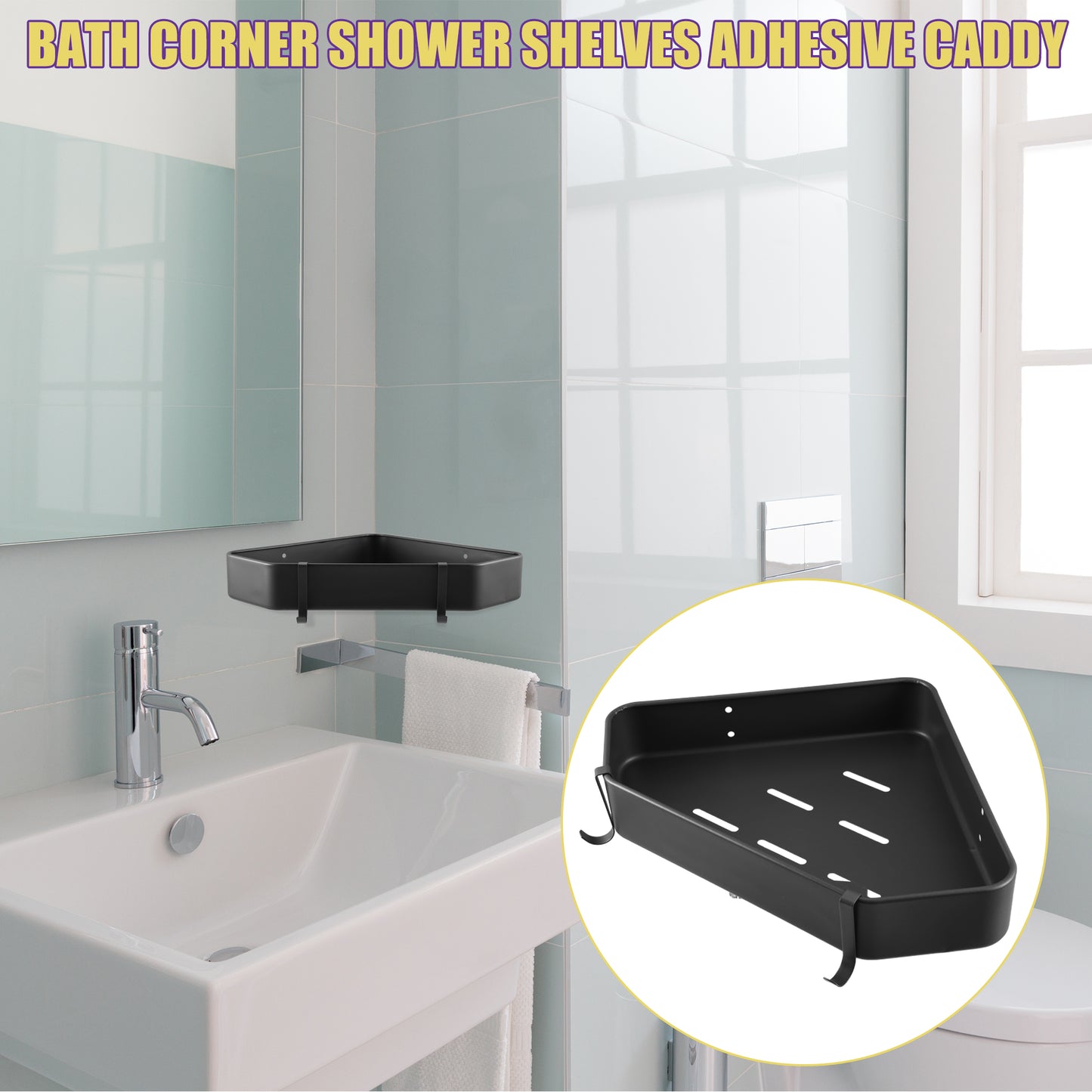 2 Set Bath Corner Shower Shelves Adhesive Caddy with Hooks, 9.57"x9.57"x1.97" Black