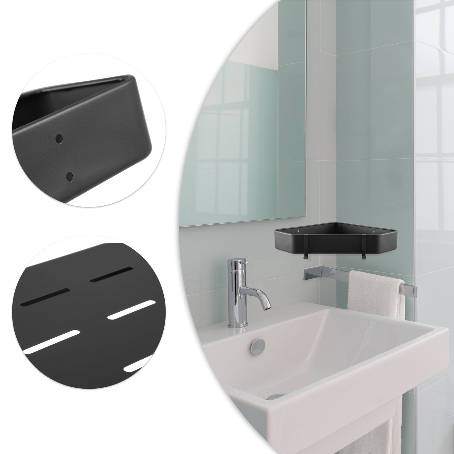 2 Set Bath Corner Shower Shelves Adhesive Caddy with Hooks, 9.57"x9.57"x1.97" Black
