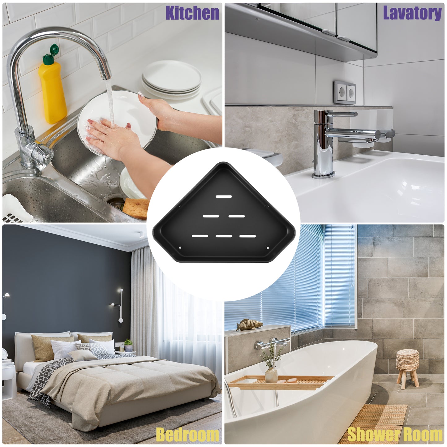 2 Set Bath Corner Shower Shelves Adhesive Caddy with Hooks, 9.57"x9.57"x1.97" Black