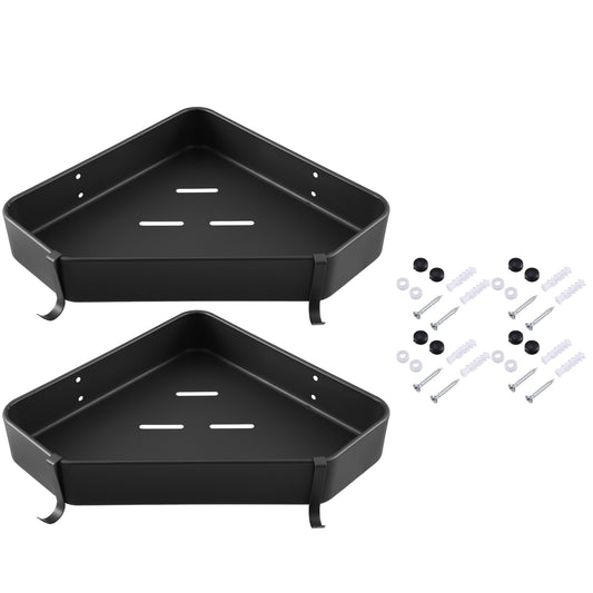 2 Set Bath Corner Shower Shelves Adhesive Caddy with Hooks, 9.57"x9.57"x1.97" Black