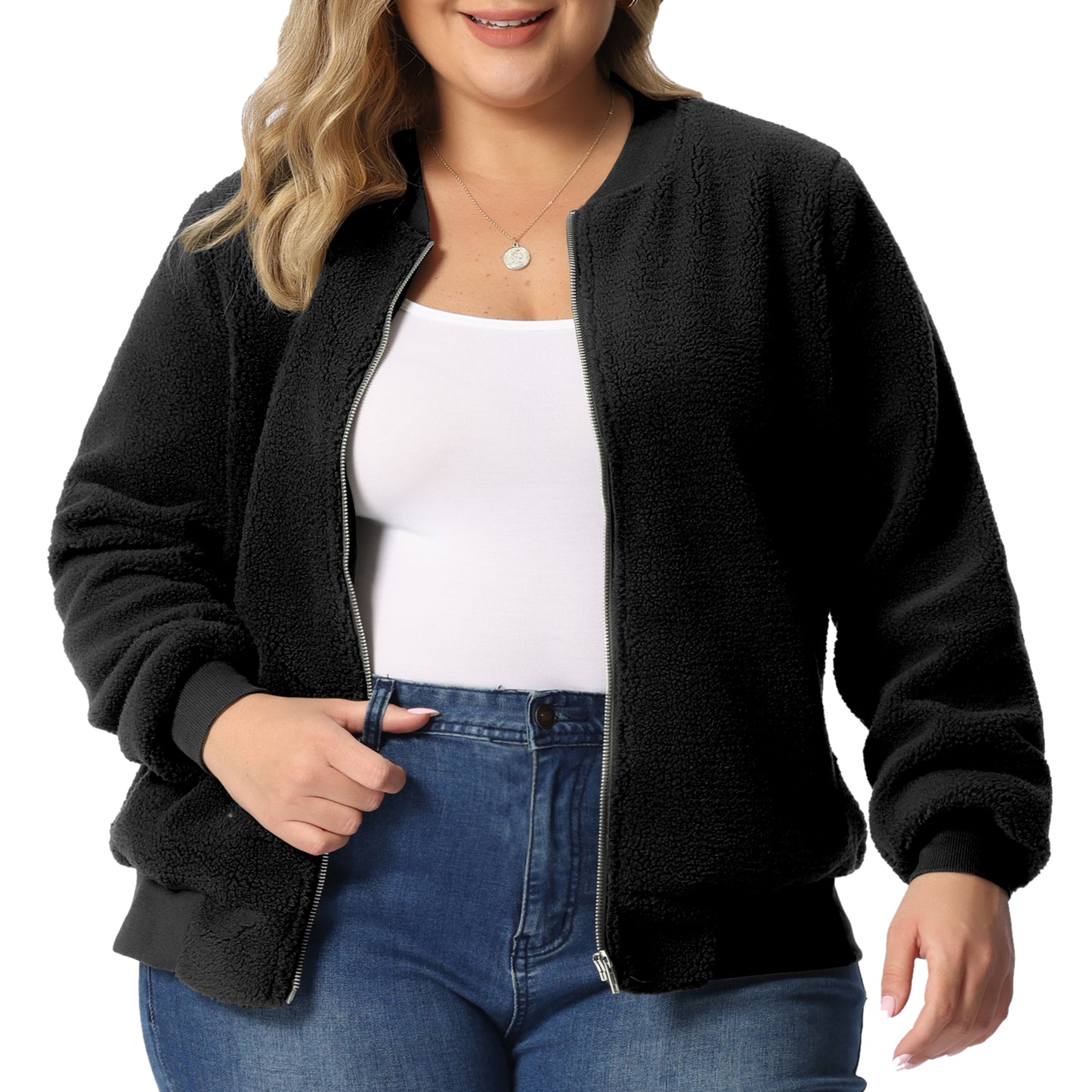 Women Plus Size Fleece Jacket Long Sleeve Faux Fuzzy Zip Up Bomber Jacket