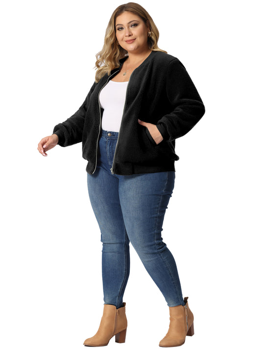 Women Plus Size Fleece Jacket Long Sleeve Faux Fuzzy Zip Up Bomber Jacket
